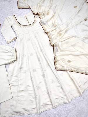 white color thread and sequin embroidery work with gpo lace border cotton gown set 3