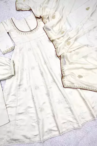 white color thread and sequin embroidery work with gpo lace border cotton gown set