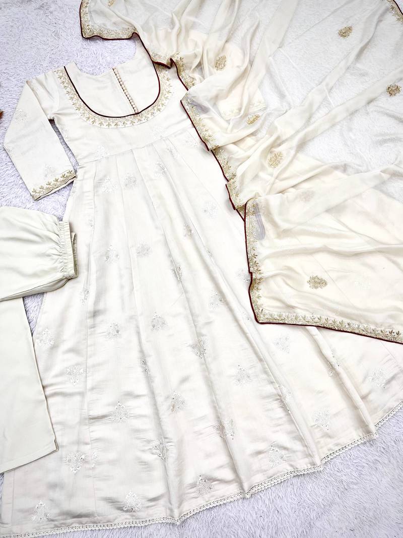 white color thread and sequin embroidery work with gpo lace border cotton gown set
