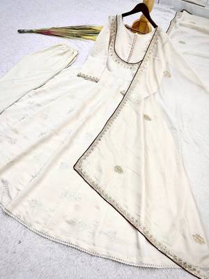 white color thread and sequin embroidery work with gpo lace border cotton gown set 4