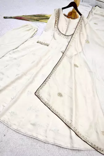 white color thread and sequin embroidery work with gpo lace border cotton gown set