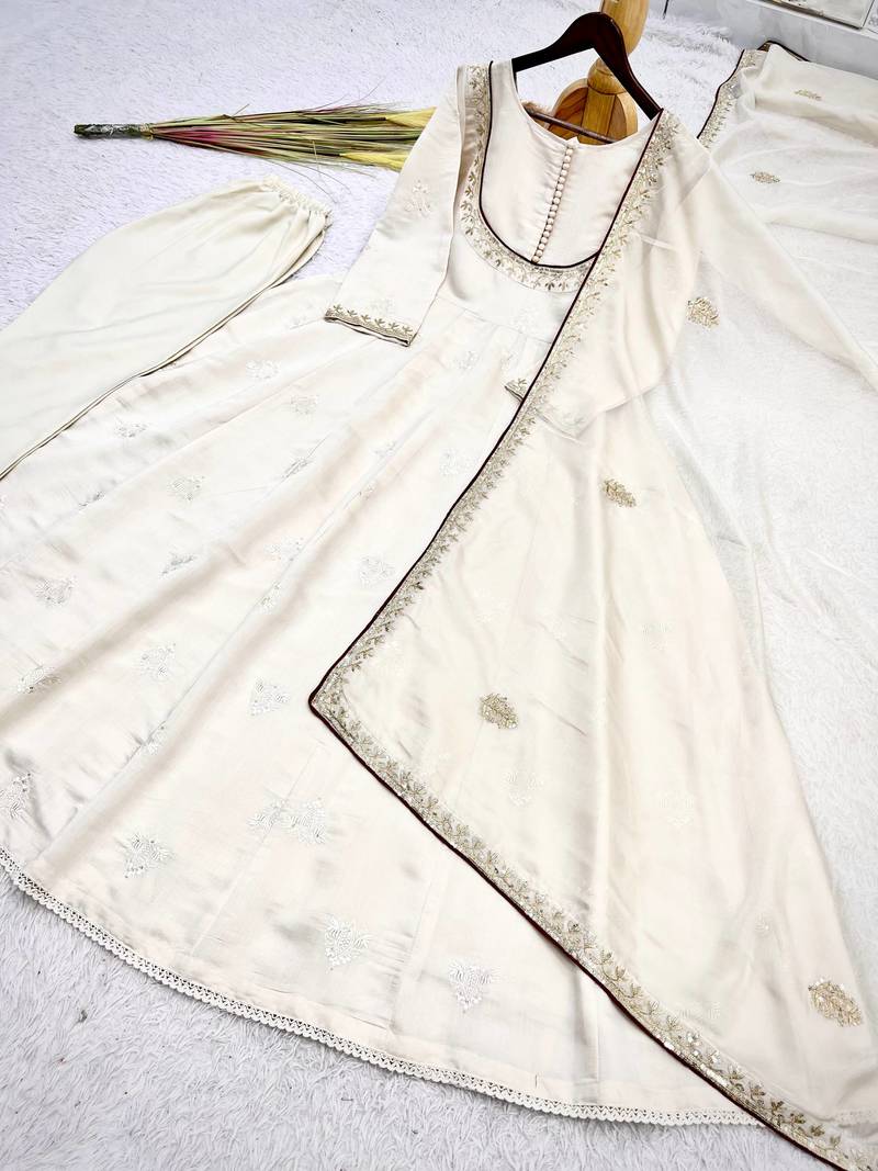 white color thread and sequin embroidery work with gpo lace border cotton gown set