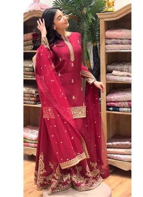 red embroidery crep full stitched sharara plazo 3
