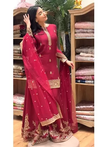 red embroidery crep full stitched sharara plazo