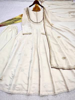white color thread and sequin embroidery work with gpo lace border cotton gown set 5