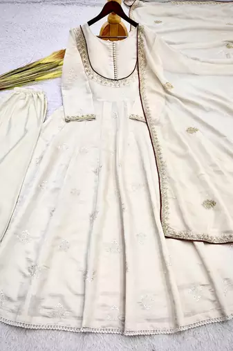 white color thread and sequin embroidery work with gpo lace border cotton gown set