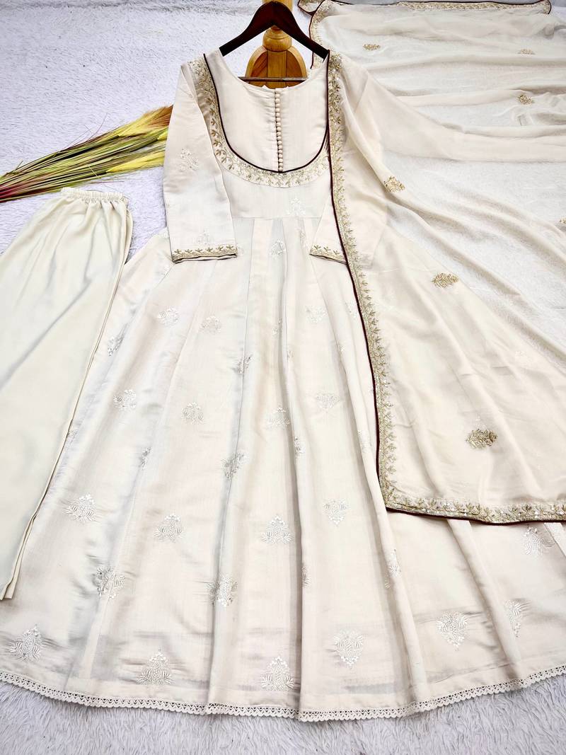 white color thread and sequin embroidery work with gpo lace border cotton gown set