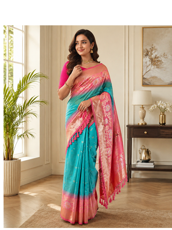 teal color zari weaves contrast pallu and designer chaap border dual tone silk blend saree 1