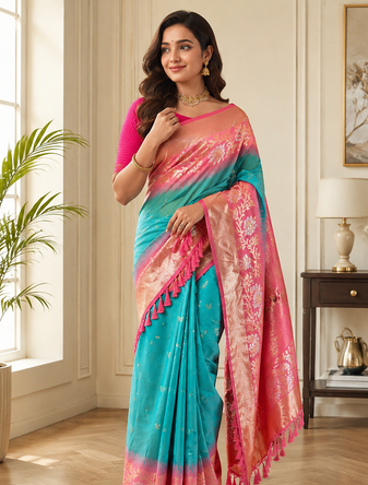 teal color zari weaves contrast pallu and designer chaap border dual tone silk blend saree