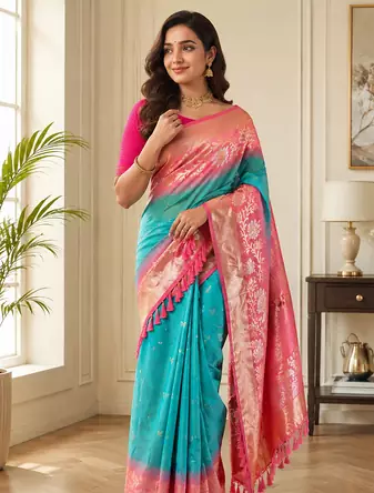 teal color zari weaves contrast pallu and designer chaap border dual tone silk blend saree
