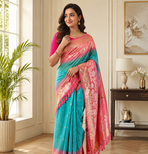 teal color zari weaves contrast pallu and designer chaap border dual tone silk blend saree