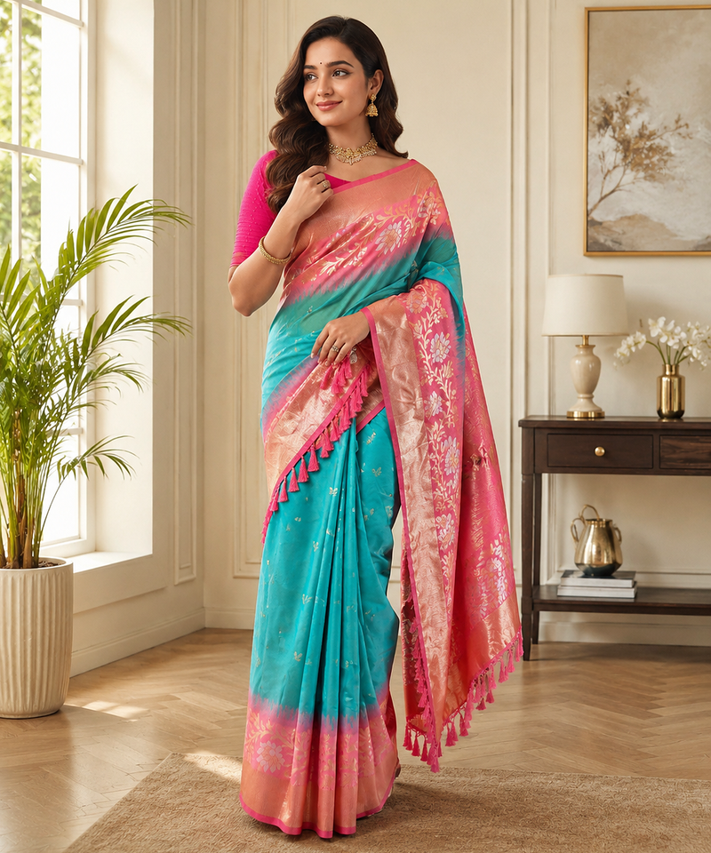 teal color zari weaves contrast pallu and designer chaap border dual tone silk blend saree