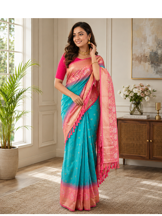 teal color zari weaves contrast pallu and designer chaap border dual tone silk blend saree 2