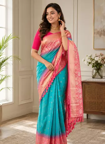 teal color zari weaves contrast pallu and designer chaap border dual tone silk blend saree