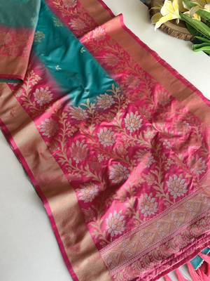 teal color zari weaves contrast pallu and designer chaap border dual tone silk blend saree 3