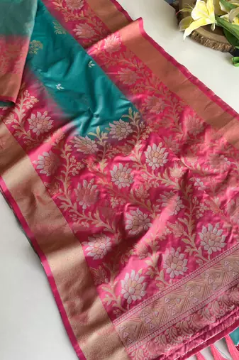 teal color zari weaves contrast pallu and designer chaap border dual tone silk blend saree