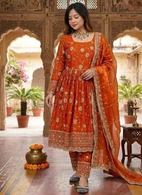 orange embroidery silk blend  full stitched anarkali suit  1
