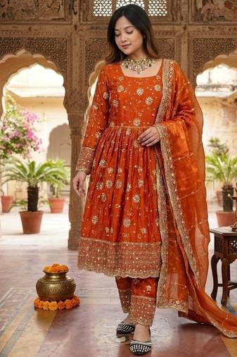 orange embroidery silk blend  full stitched anarkali suit 