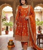 orange embroidery silk blend  full stitched anarkali suit 