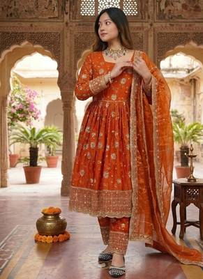 orange embroidery silk blend  full stitched anarkali suit  2
