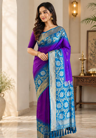violet color zari weaves contrast pallu and designer chaap border dual tone silk blend saree