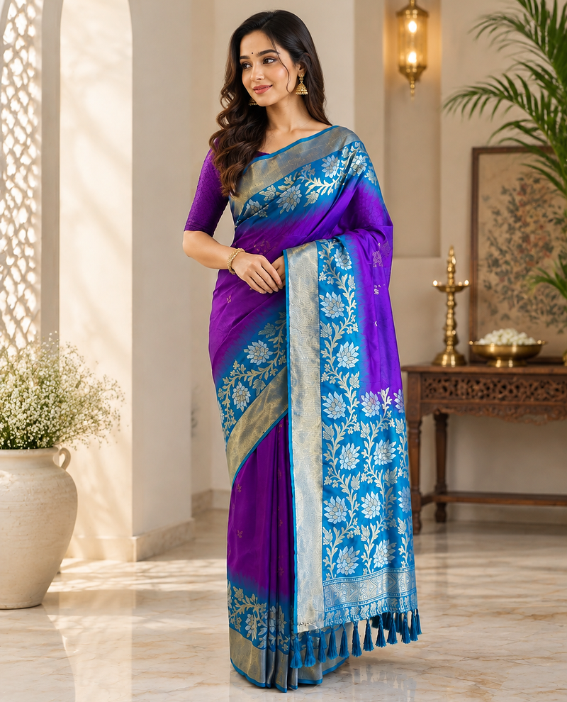 violet color zari weaves contrast pallu and designer chaap border dual tone silk blend saree