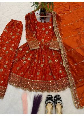 orange embroidery silk blend  full stitched anarkali suit  3