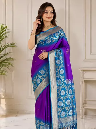 violet color zari weaves contrast pallu and designer chaap border dual tone silk blend saree