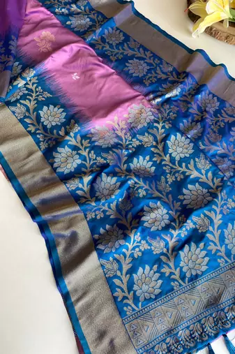 violet color zari weaves contrast pallu and designer chaap border dual tone silk blend saree