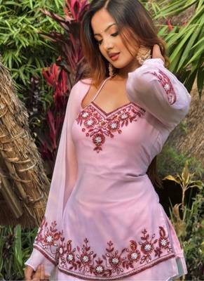 baby pink embroidery faux georgette full stitched sharara plazo 2