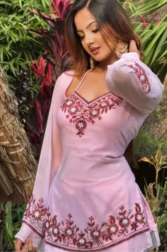 baby pink embroidery faux georgette full stitched sharara plazo