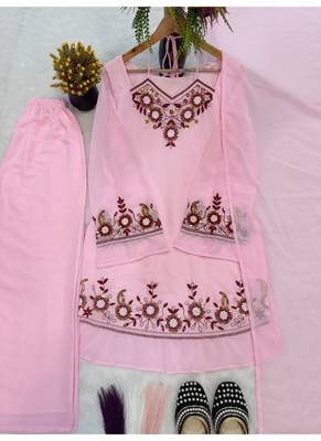 baby pink embroidery faux georgette full stitched sharara plazo 3