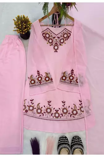baby pink embroidery faux georgette full stitched sharara plazo