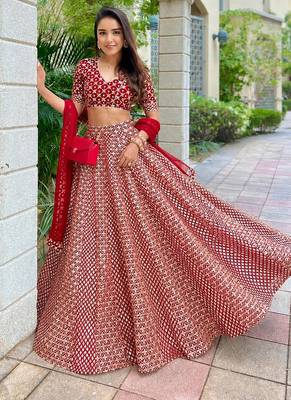 Red 9mm Sequin and Zari Embroidered Faux Georgette Indian Wedding Lehenga Choli 1