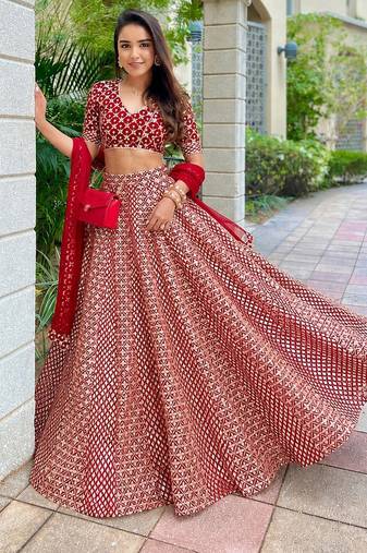 Red 9mm Sequin and Zari Embroidered Faux Georgette Indian Wedding Lehenga Choli