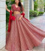 Red 9mm Sequin and Zari Embroidered Faux Georgette Indian Wedding Lehenga Choli