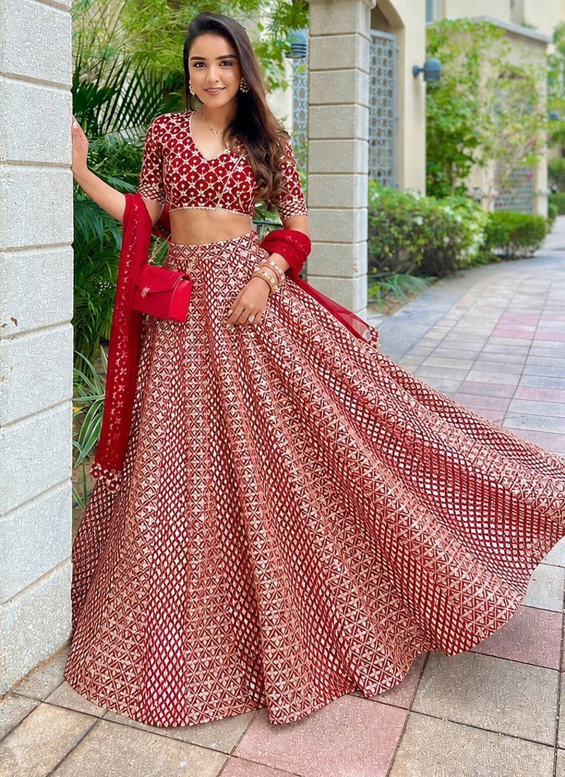 Red 9mm Sequin and Zari Embroidered Faux Georgette Indian Wedding Lehenga Choli