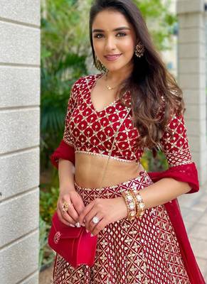 Red 9mm Sequin and Zari Embroidered Faux Georgette Indian Wedding Lehenga Choli 2