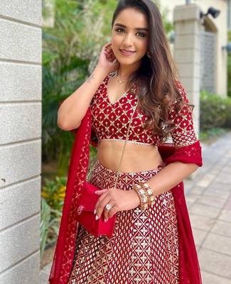 Red 9mm Sequin and Zari Embroidered Faux Georgette Indian Wedding Lehenga Choli 3