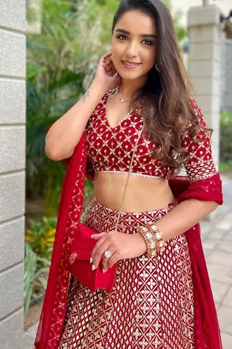 Red 9mm Sequin and Zari Embroidered Faux Georgette Indian Wedding Lehenga Choli