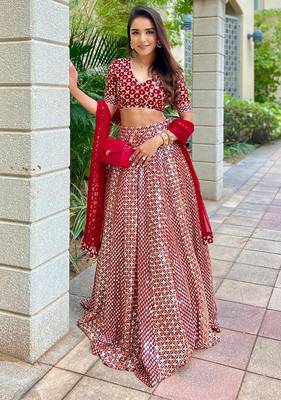 Red 9mm Sequin and Zari Embroidered Faux Georgette Indian Wedding Lehenga Choli 4
