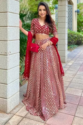 Red 9mm Sequin and Zari Embroidered Faux Georgette Indian Wedding Lehenga Choli