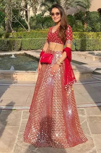 Red 9mm Sequin and Zari Embroidered Faux Georgette Indian Wedding Lehenga Choli