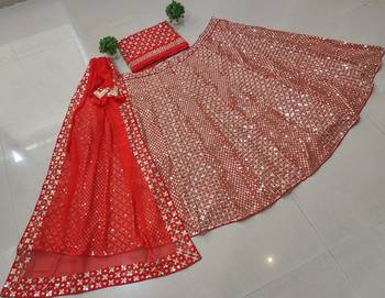 Red 9mm Sequin and Zari Embroidered Faux Georgette Indian Wedding Lehenga Choli 9