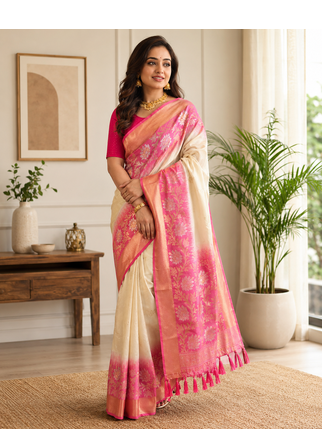 white color zari weaves contrast pallu and designer chaap border dual tone silk blend saree 1