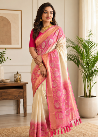 white color zari weaves contrast pallu and designer chaap border dual tone silk blend saree