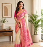 white color zari weaves contrast pallu and designer chaap border dual tone silk blend saree