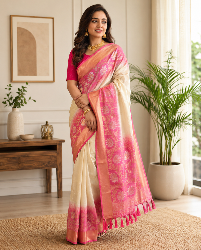 white color zari weaves contrast pallu and designer chaap border dual tone silk blend saree