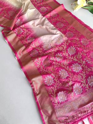 white color zari weaves contrast pallu and designer chaap border dual tone silk blend saree 3