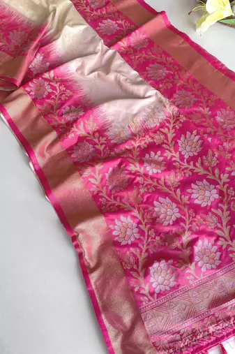 white color zari weaves contrast pallu and designer chaap border dual tone silk blend saree
